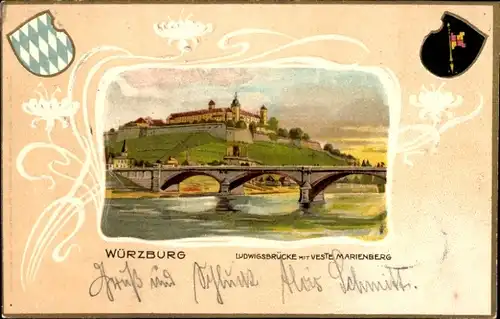 Präge Jugendstil Litho Würzburg am Main Unterfranken, Ludwigsbrücke, Veste Marienberg