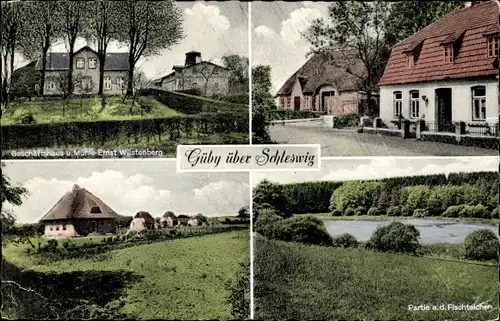 Ak Güby in Schleswig Holstein, Geschäft und Mühle E. Wüstenberg, Fischerteiche, Ort