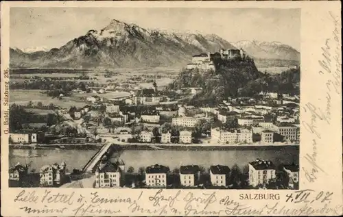 Ak Salzburg in Österreich, Blick über den Ort aufs Gebirge, Festung Hohensalzburg, Brücke