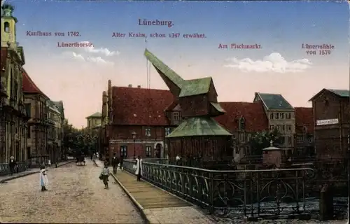 Ak Lüneburg in Niedersachsen, Alter Krahn, Kaufhaus, Fischmarkt, Lünermühle