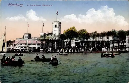 Ak Hamburg Nord Uhlenhorst, Fährhaus, Außenansicht, Blick vom Wasser aus, Menschen in Ruderbooten