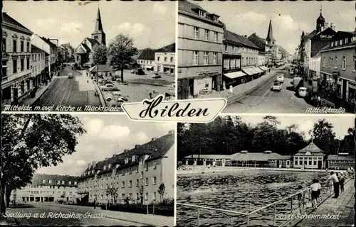 Ak Hilden im Rheinland, Mittelstraße, Städtisches Schwimmbad, Marktplatz, Ev. Kirche