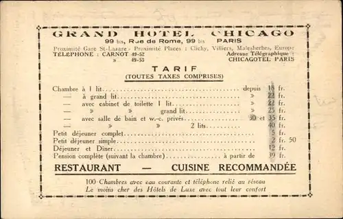 Ak Paris, Grand Hotel Chicago, rue de Rome, Preisliste