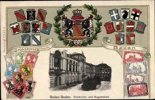 Briefmarken WappenPassepartout Ak Baden Baden am Schwarzwald, Friedrichs- u. Augustabad