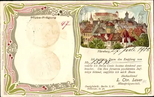 Präge Passepartout Jugendstil Litho Nürnberg in Mittelfranken, Stadtbild, Probeprägung