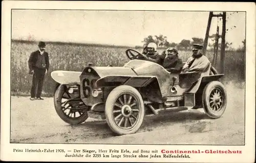 Ak Reklame, Continental Gleitschutz, Prinz Heinrich Fahrt 1908, Sieger Fritz Erle