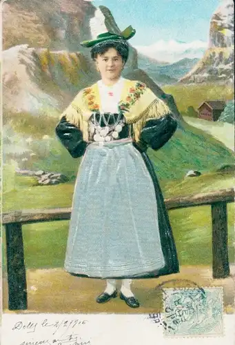 Stoff Präge Litho Frau in französischer Tracht, Portrait