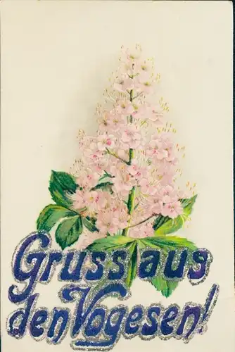 Glitzer Ak Gruß aus den Vogesen, Blumen, Kitsch