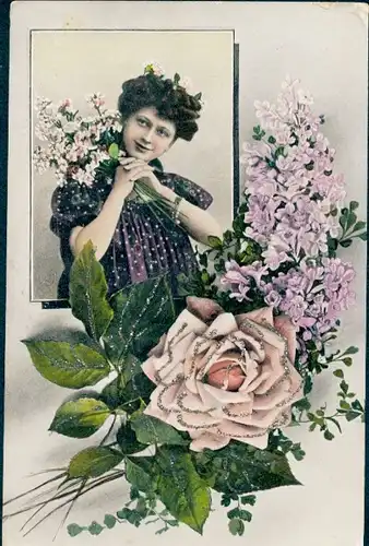 Glitzer Ak Portrait einer Frau mit Blumenstrauß, Rosen