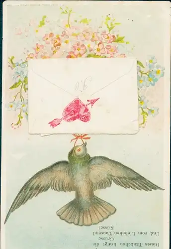 Litho Taube, Blumen, Post, Brief, Dieses Täubchen bringt dir Grüße...
