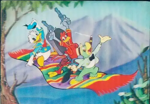 3-D Ak Three Riders, Donald Duck, Fliegender Teppich, Walt Disney