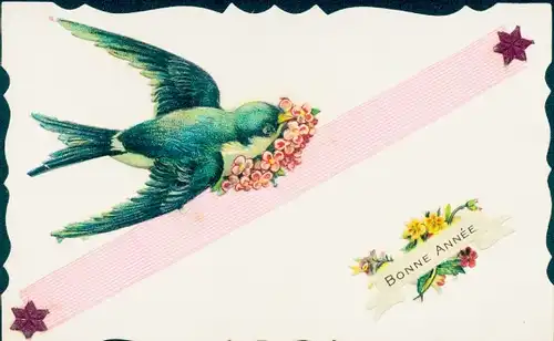 Stoff Ak Glückwunsch Neujahr, Schwalbe, Blumen