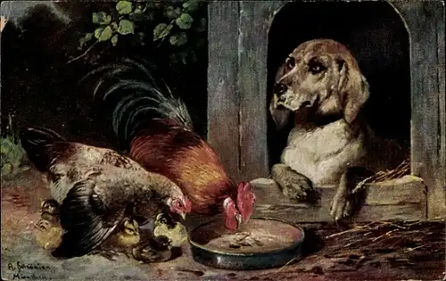 Künstler Ak Schönian, A., Hühner, Henne, Küken, Hund
