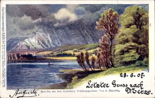 Künstler Ak Hlavacek, A., Salzkammergut Oberösterreich, Matt See mit Untersberg, Frühlingsgewitter