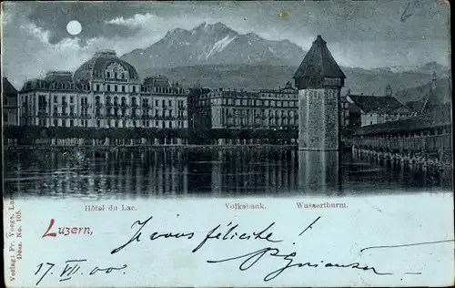 Mondschein Ak Luzern Stadt Schweiz, Hotel, Volksbank, Wasserturm