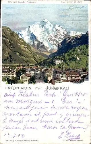 Litho Interlaken Kanton Bern Schweiz, Stadt mit Jungfrau