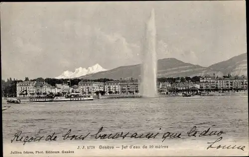 Ak Genf Stadt Schweiz, Jet d'eau de 90 mètres, Wasserstrahl im See