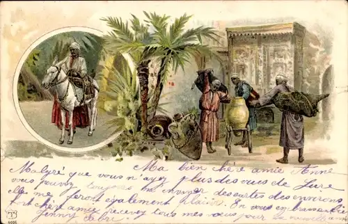 Litho Arabische Händler, Maghreb, Pferd, Palmen