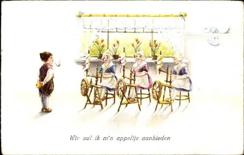 Ak Drei Mädchen beim Spinnen, Junge mit Pfeife, Niederländische Tracht