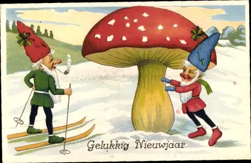 Ak Glückwunsch Neujahr, Pilz, Zwerge, Ski, Pfeife