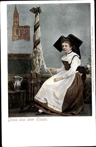 Ak Elsässer Tracht, Spinnerin, Spinnrad, Wohnstube