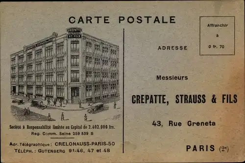 Ak Paris II. Arrondissement Bourse, Crepatte, Strauss & Fils, 43, Rue Greneta