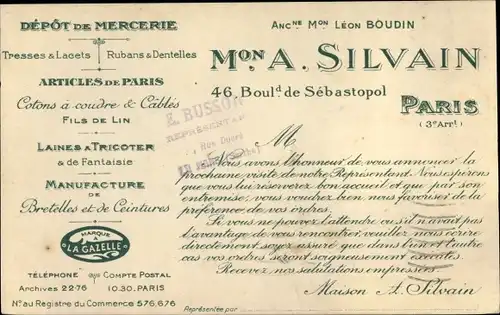 Ak Paris III., Depot de Mercerie, Mon. A. Silvain, Boulevard de Sebastopol