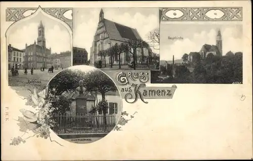 Ak Kamenz Sachsen, Rathaus, Lessingdenkmal, Hauptkirche, Wendische Kirche