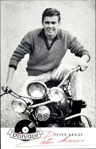 Ak Sänger und Schauspieler Peter Kraus, Portrait, Polydor, Autogramm, Motorrad