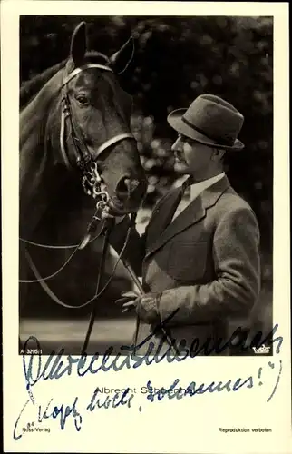 Ak Schauspieler Albrecht Schoenhals, Portrait, Pferd, Ross Verlag A 3205/1, Autogramm