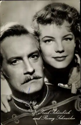 Ak Schauspieler Karl Schönböck, Schauspielerin Romy Schneider, Portrait, Autogramm, Feuerwerk