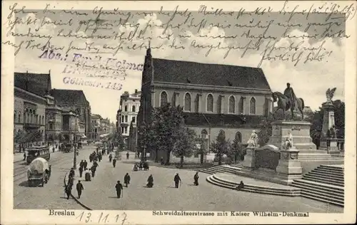 Ak Wrocław Breslau in Schlesien, Schweidnitzer Straße Kaiser-Wilhelm-Denkmal, Straßenbahn