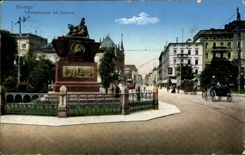 Ak Wrocław Breslau Schlesien, Tauentzienplatz, Denkmal, Kutsche