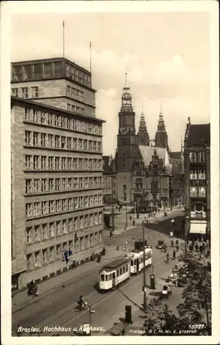 Ak Wrocław Breslau Schlesien, Hochhaus, Rathaus, Straßenbahn-Linie Nr.1