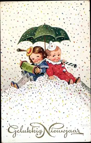 Künstler Ak Wills, John, Neujahr, Verkleidete Kinder, Konfetti