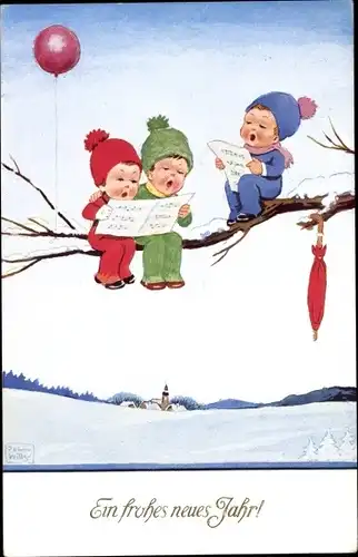 Künstler Ak Wills, John, Neujahr, Kinder singen auf einem Ast