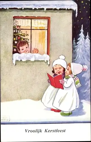 Künstler Ak Wills, John, Weihnachten, zwei Mädchen singen Weihnachtslied