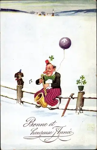 Künstler Ak Wills, John, Neujahr, Clown spielt Saxophon