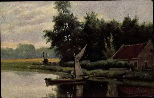 Künstler Ak Gerstenhauer, Johann Georg, niederländisches Motiv, Haus am Wasser, Boot