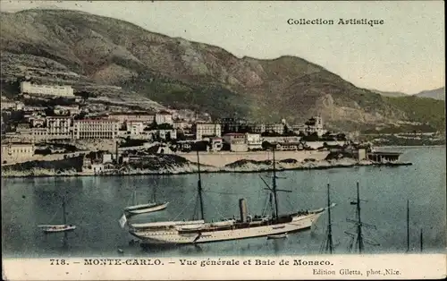 Ak Monte Carlo Monaco, Vue generale, Baie de Monaco, Segelschiff