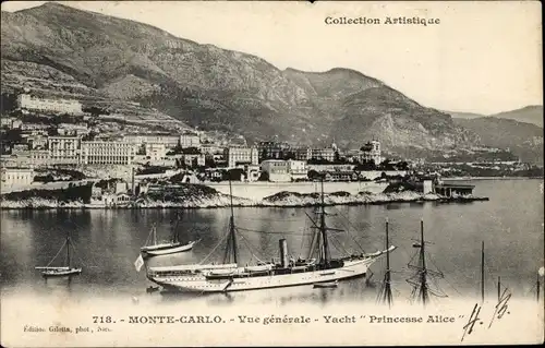 Ak Monte Carlo Monaco, Vue generale, Yacht Princesse Alice