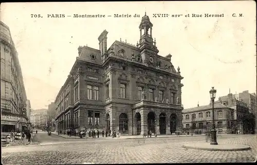 Ak Paris XVIII. Montmartre, Rathaus und Rue Hermel