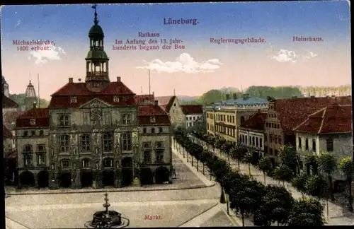 Ak Lüneburg in Niedersachsen, Michaelskirche, Rathaus, Regierungsgebäude, Heinehaus