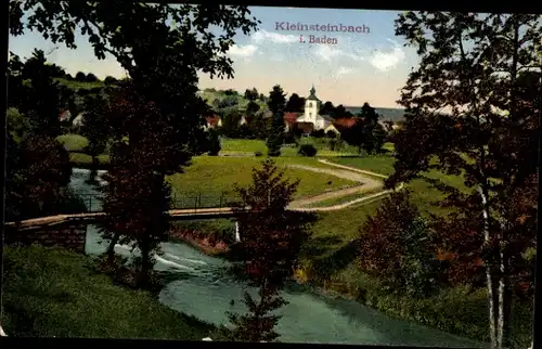 Ak Kleinsteinbach Pfinztal am Kraichgau, Brücke, Kirche, Panorama