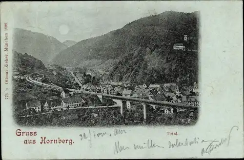 Mondschein Ak Hornberg im Schwarzwald, Eisenbahnbrücke, Panorama