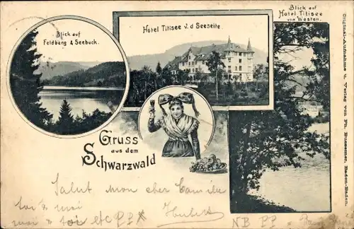 Ak Titisee Neustadt im Breisgau Hochschwarzwald, Hotel Titisee, Feldberg, Seebuck, Frau in Tracht