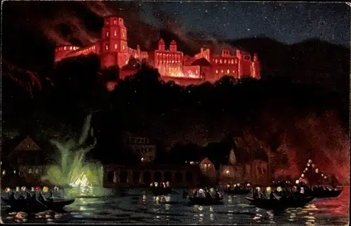 Künstler Ak Heidelberg am Neckar, Schlossbeleuchtung, Boote