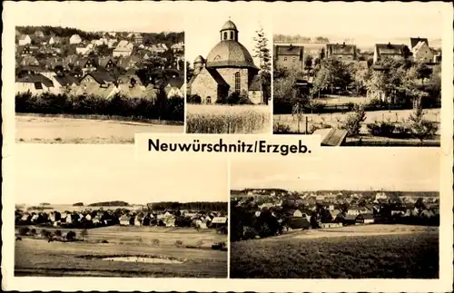 Ak Neuwürschnitz Oelsnitz im Erzgebirge, Ortspanorama, Ortsansichten, Kirche