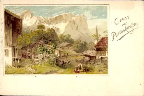 Litho Garmisch Partenkirchen in Oberbayern, Gehöft, Gebirgspartie