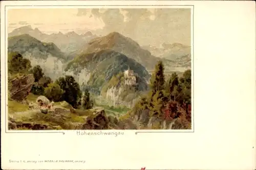 Künstler Litho Hohenschwangau Schwangau, Schloss, Berglandschaft, Felsen